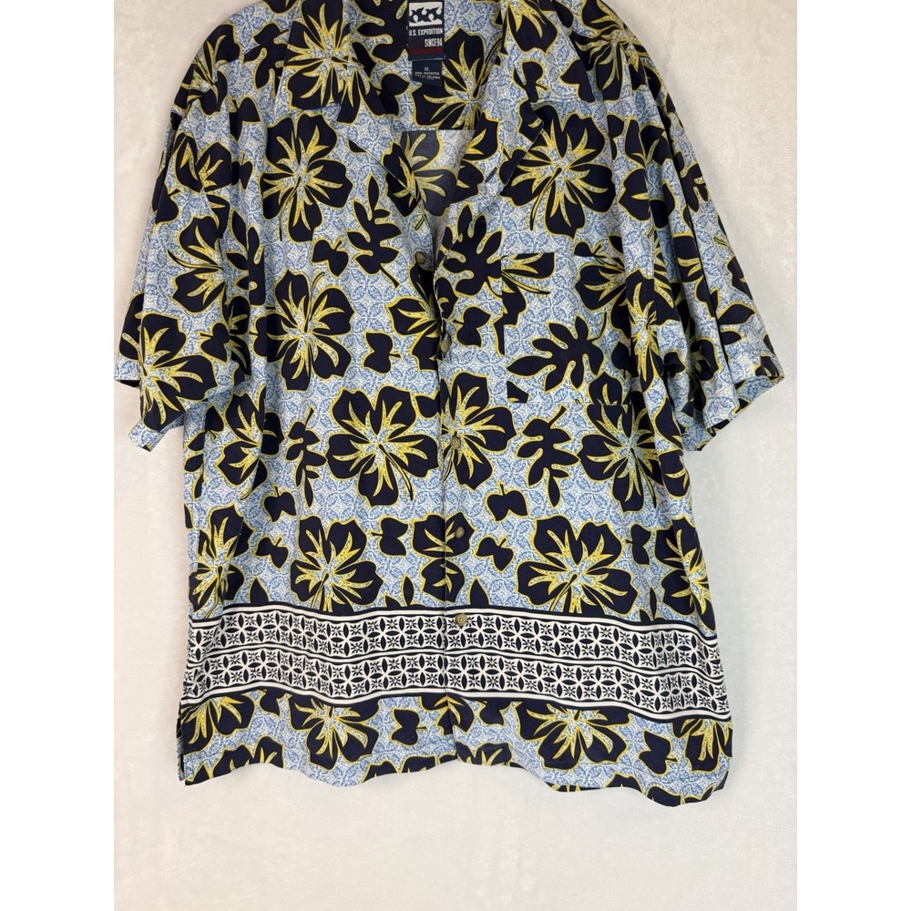 US Expedition Short Sleeve Button-Up Casual Men's Hawaiian Shirt XL Blue Yellow